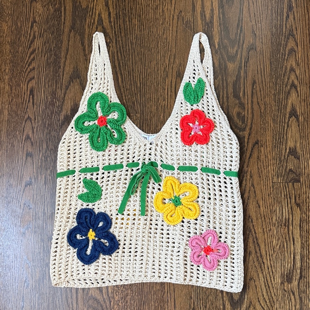 Zara Cream Crochet Camisole with Colorful Floral Accents